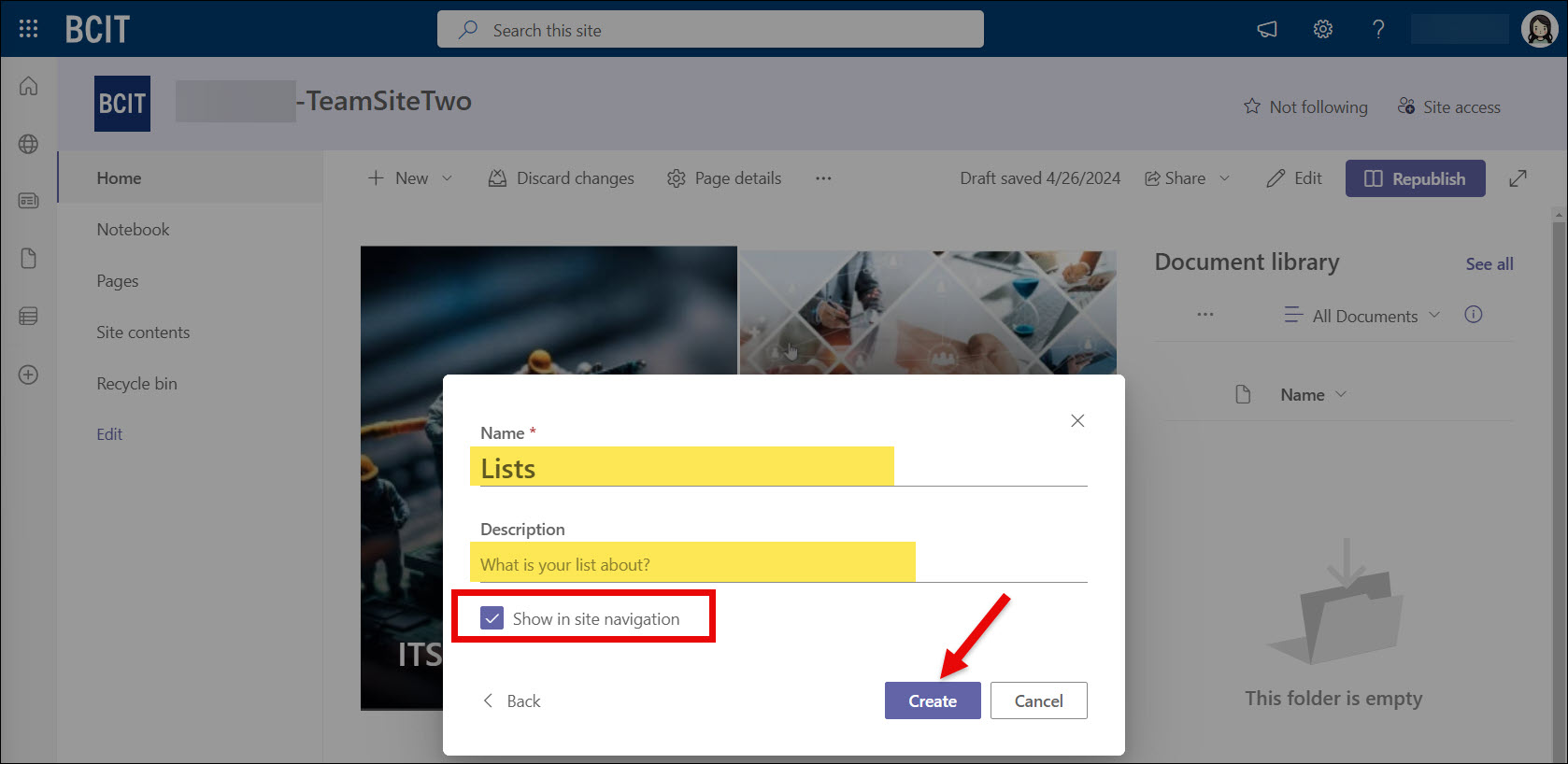 SharePoint create new List and click Create button