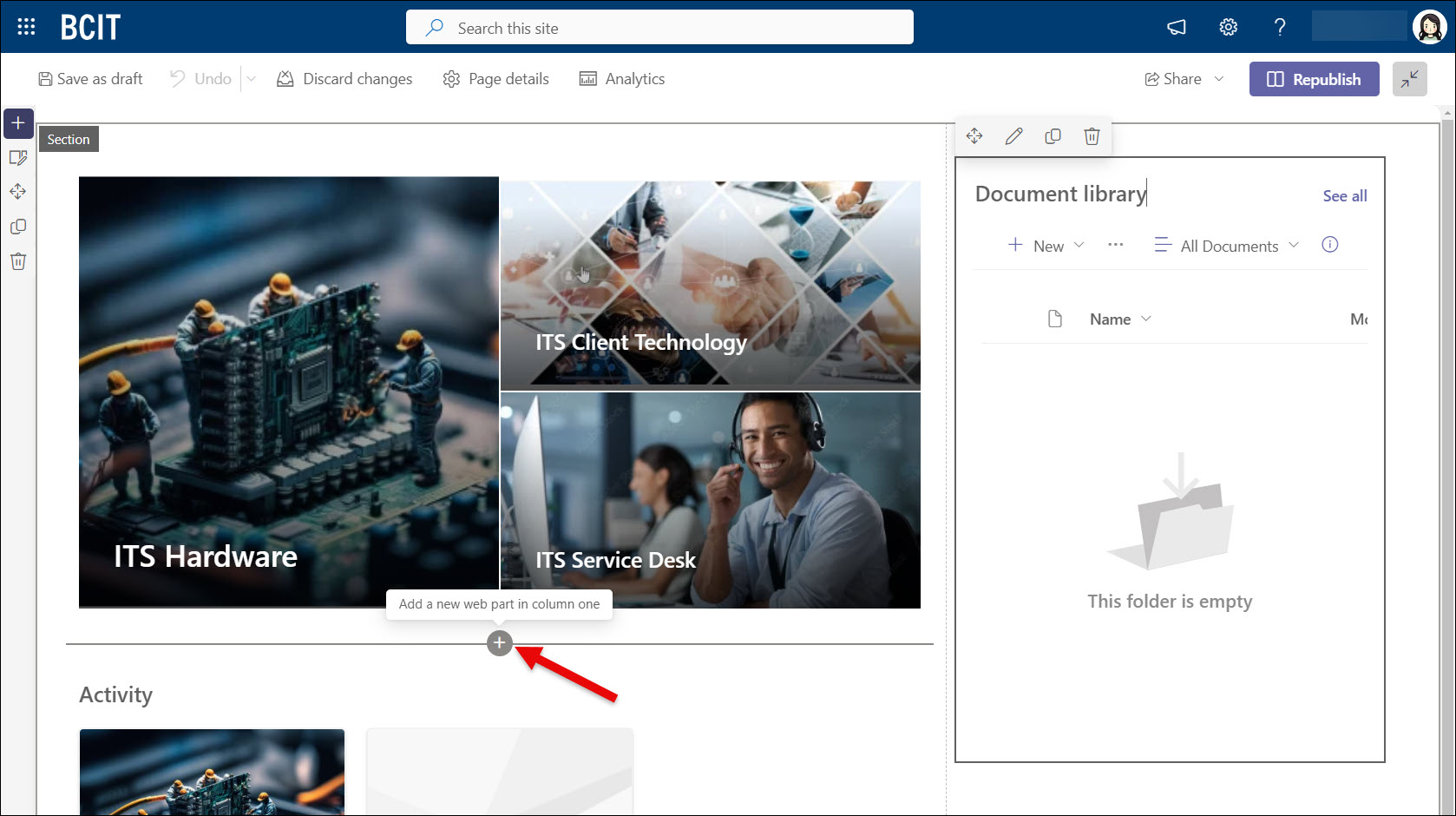 SharePoint Web Part hover mouse over section to active + sign