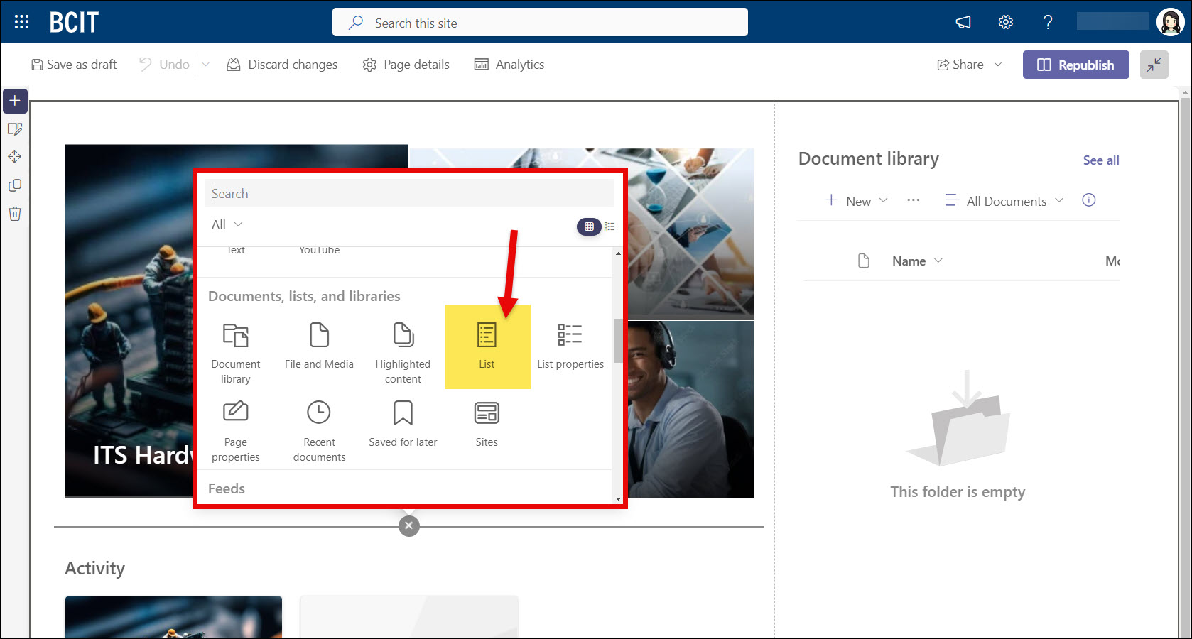 SharePoint Edit button and select Lists as web part