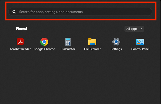 Location of the Windows 11 search bar