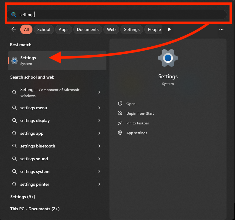 Windows 11 Searching for Settings menu