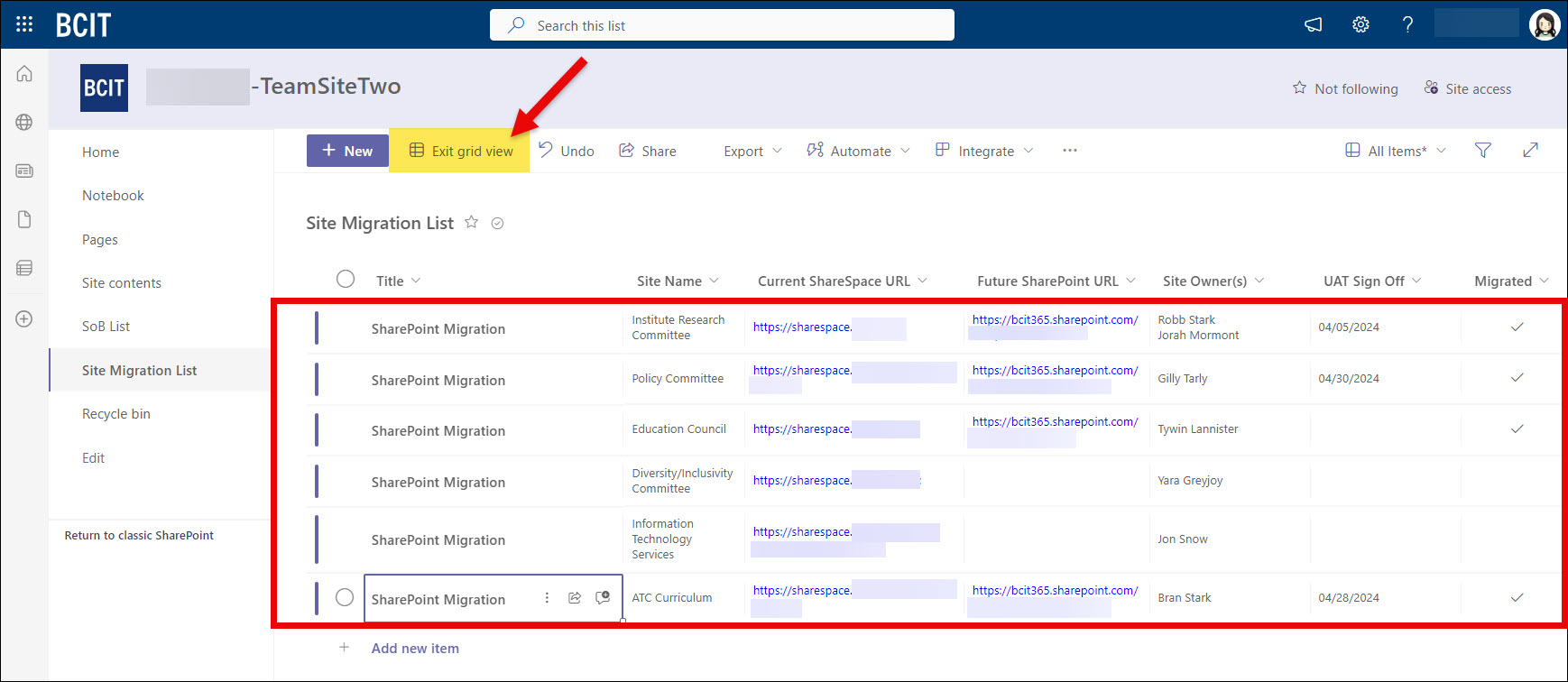 SharePoint filling information into a List and now Exit grid view
