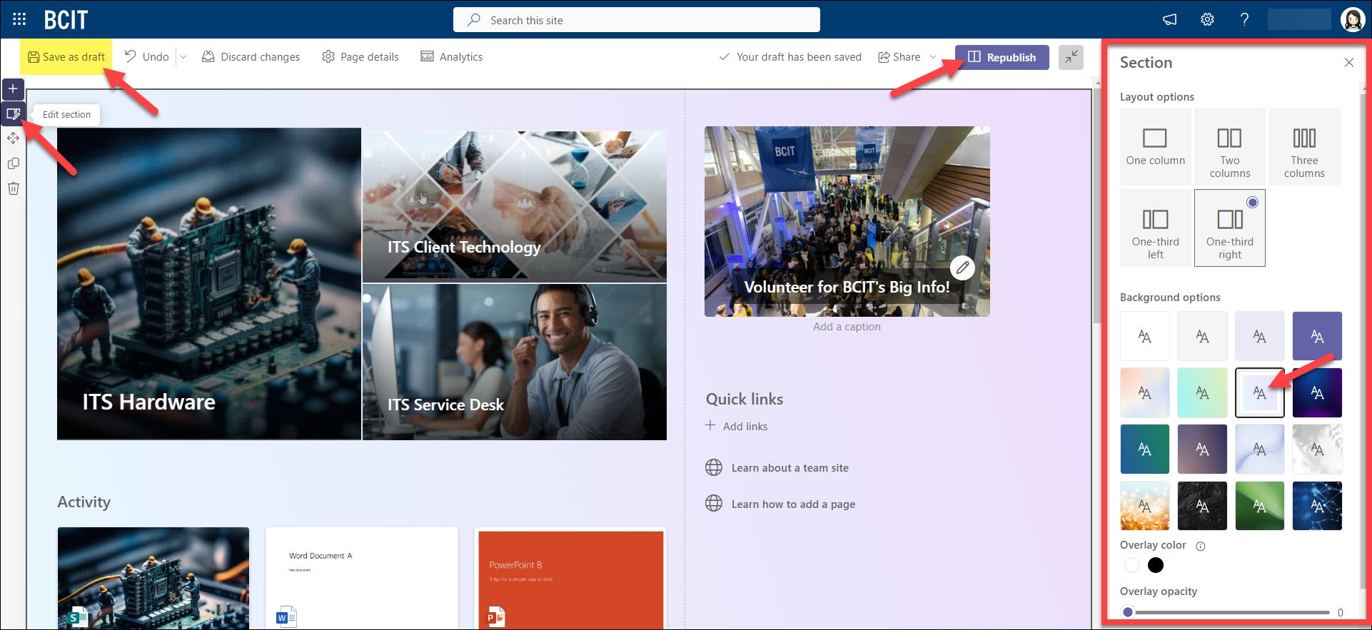 SharePoint Section of Web Parts Edit and changing Layout and Background