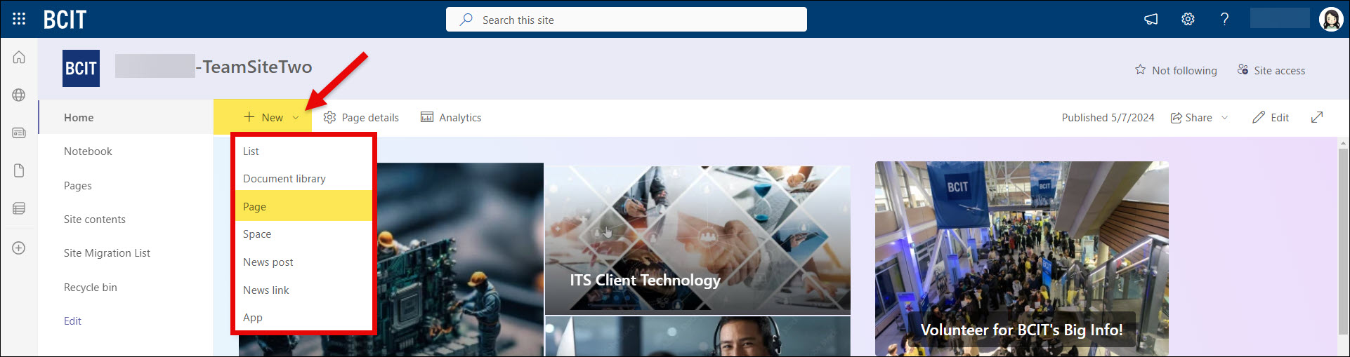 SharePoint Page New button and select Page