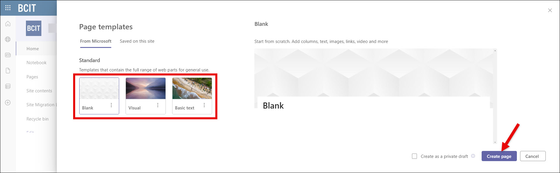 SharePoint Page templates Blank Visual Basic text