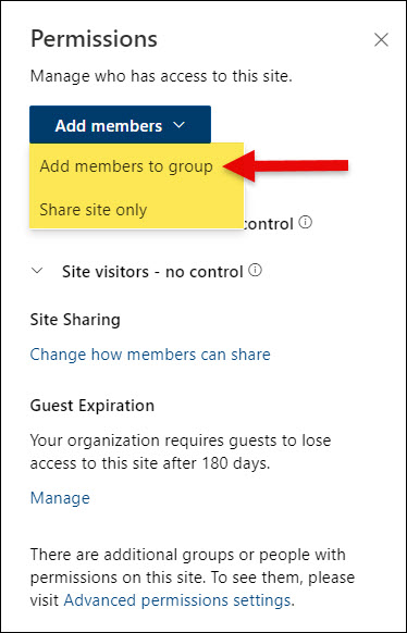 SharePoint Permissions Add members and click on Add members to group