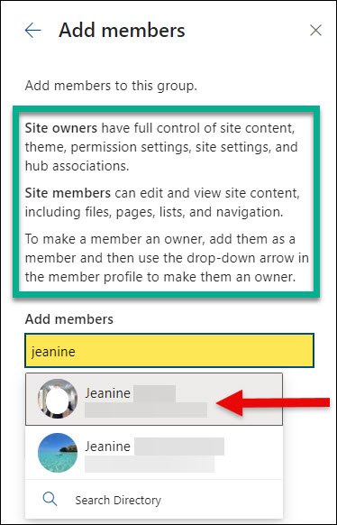 SharePoint Permissions Add members type in name