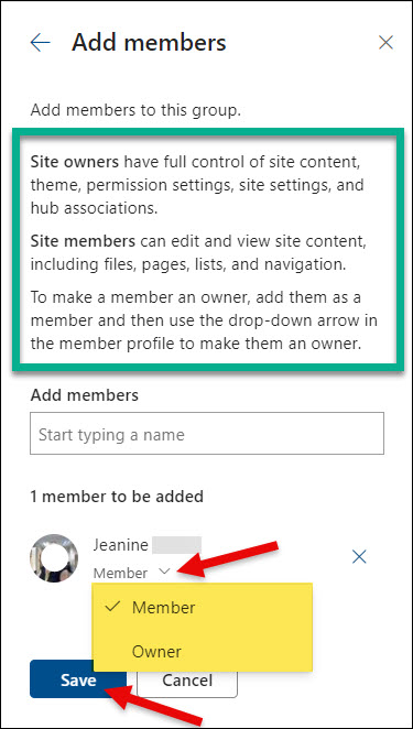 SharePoint Permissions Add members selecting Member or Owner