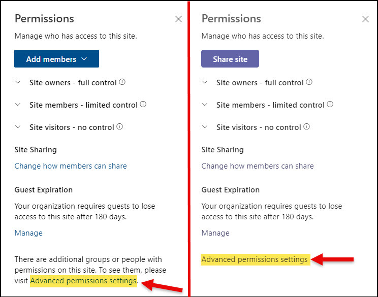 SharePoint Permissions Advanced permissions settings