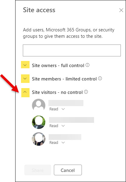 SharePoint Share site Permissions Site access panel