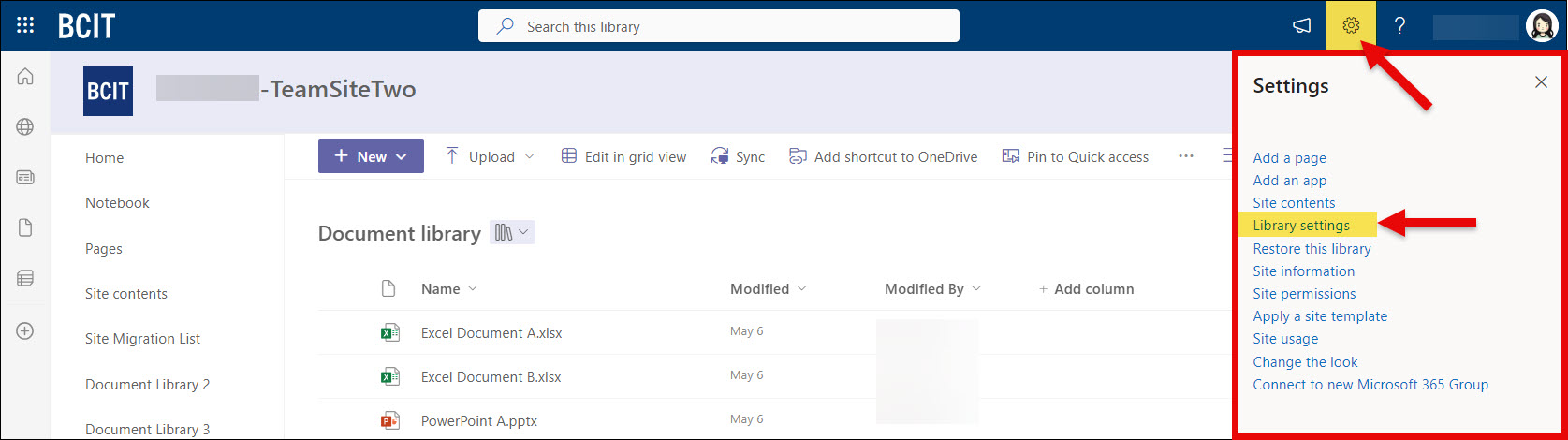 SharePoint Gear icon and select Library settings