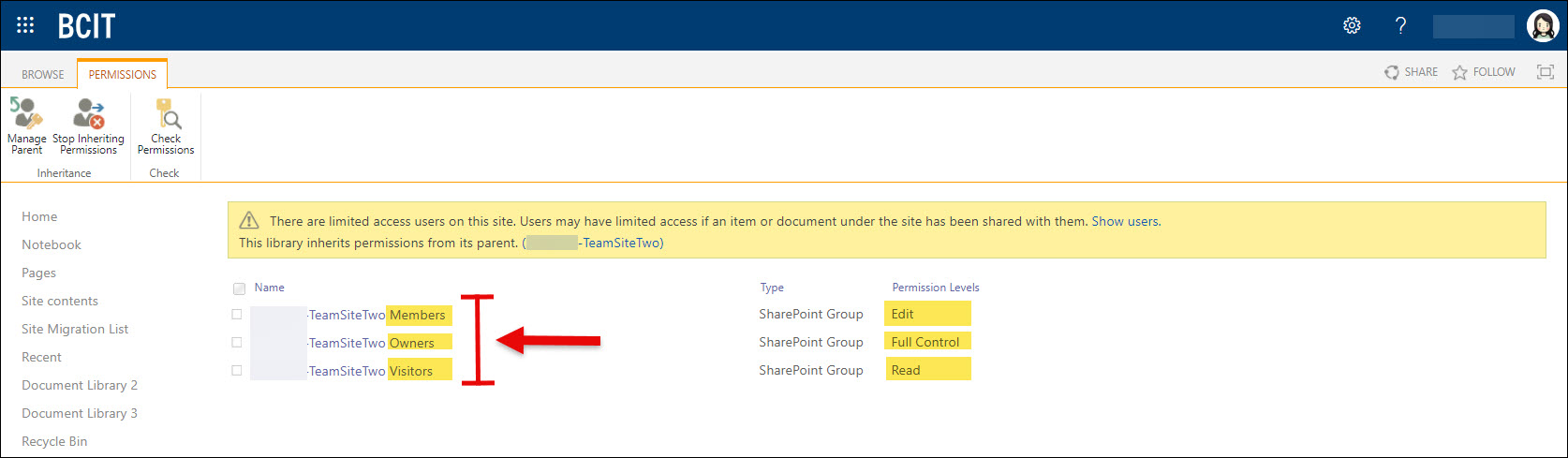 SharePoint Document Library view site default permission members