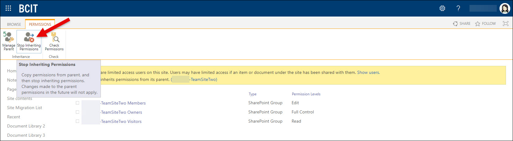 SharePoint Document Library Stop Inheriting Permissions button