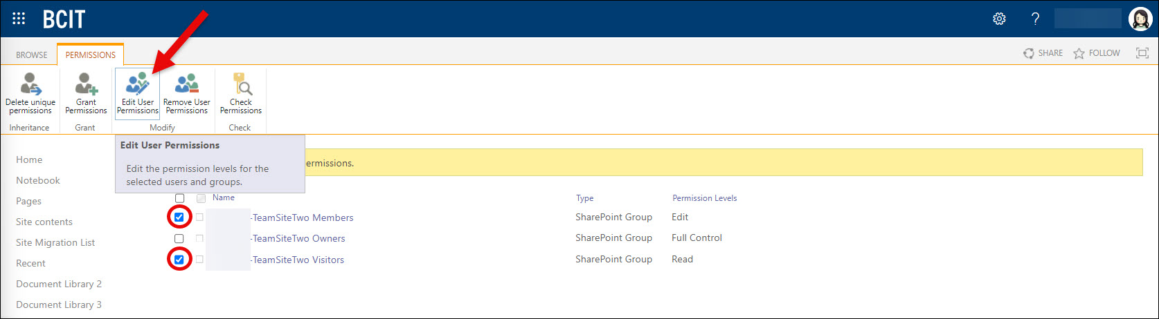 SharePoint Document Library clicking Edit User Permissions button