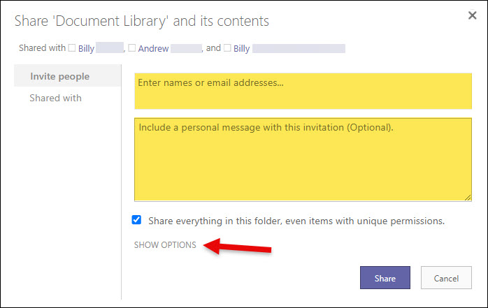 Share Document Library and its contents, red arrow points to show options