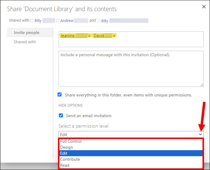 SharePoint Document Library window enter new users and selecting Permission level