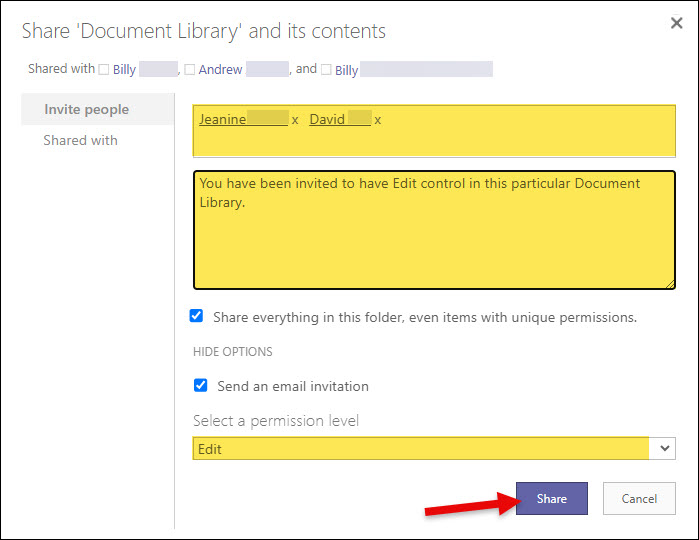 SharePoint Document Library window to enter users and select Permissions levels and then click Share