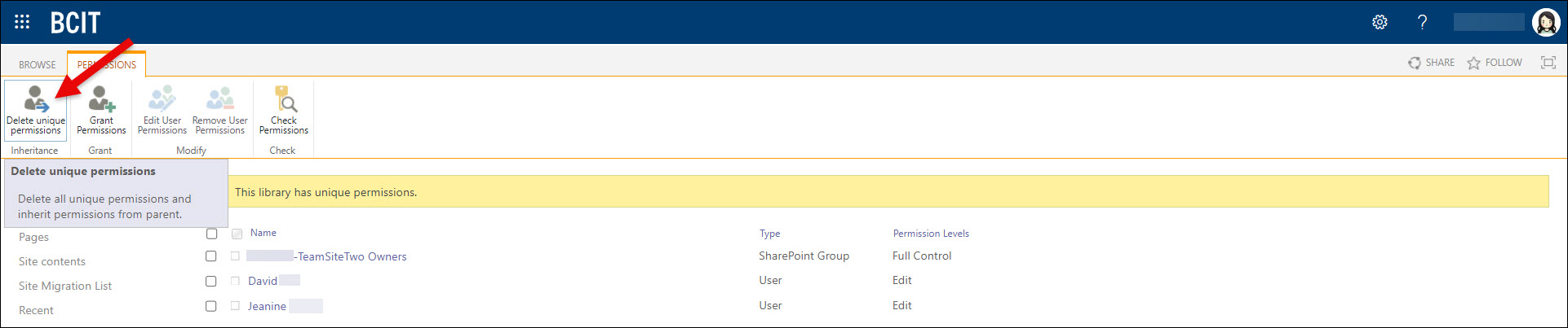 SharePoint Document Library using the Delete unique permissions button