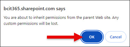 Screenshot SharePoint Document Library message box to confirm to remove custom permissions