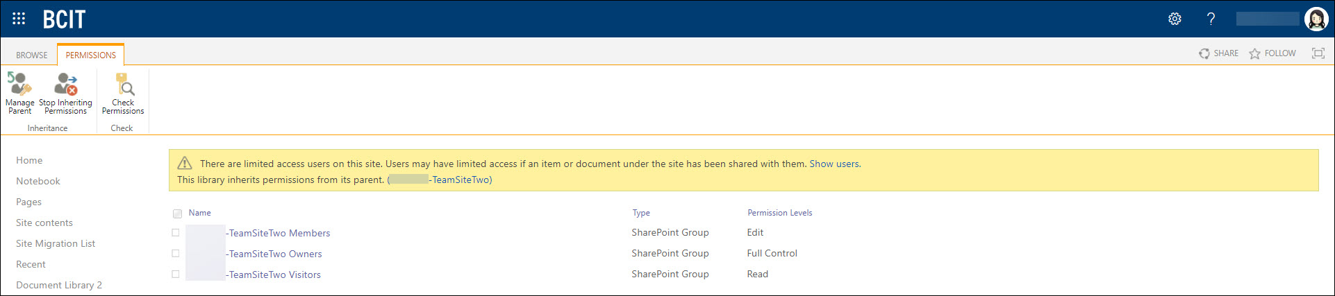 Screenshot SharePoint Document Library defaulting back to parent site permissions