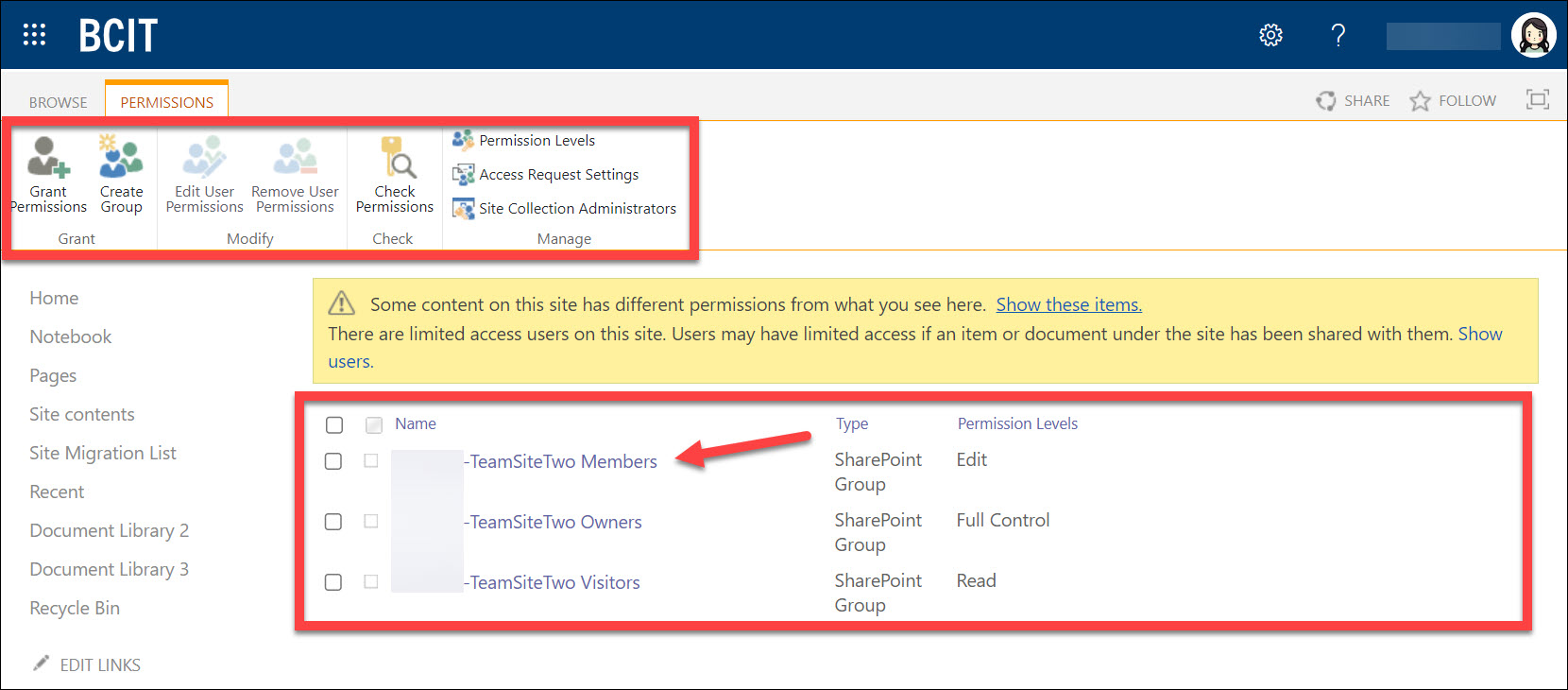 SharePoint Team Site Advanced User Permissions and the buttons