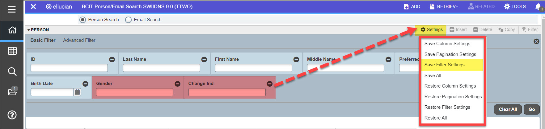 Screenshot Banner SWIIDNS Settings button to Save Filter Settings