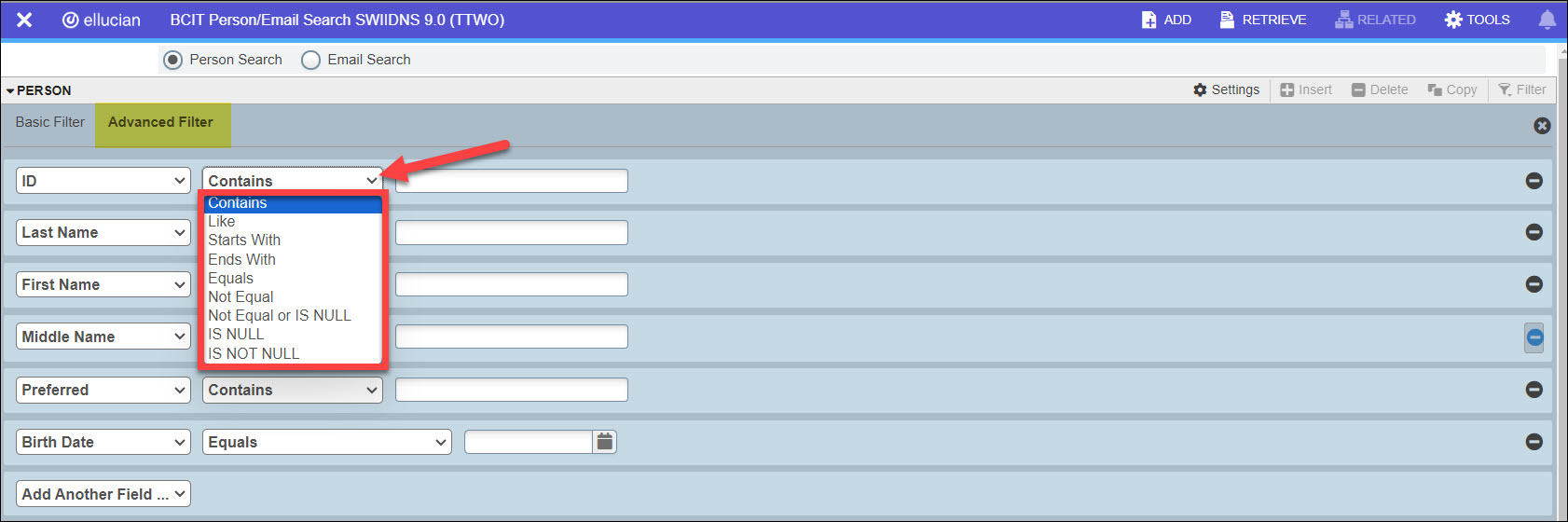 Screenshot Banner SWIIDNS Advanced filter and clicking on filter drop down