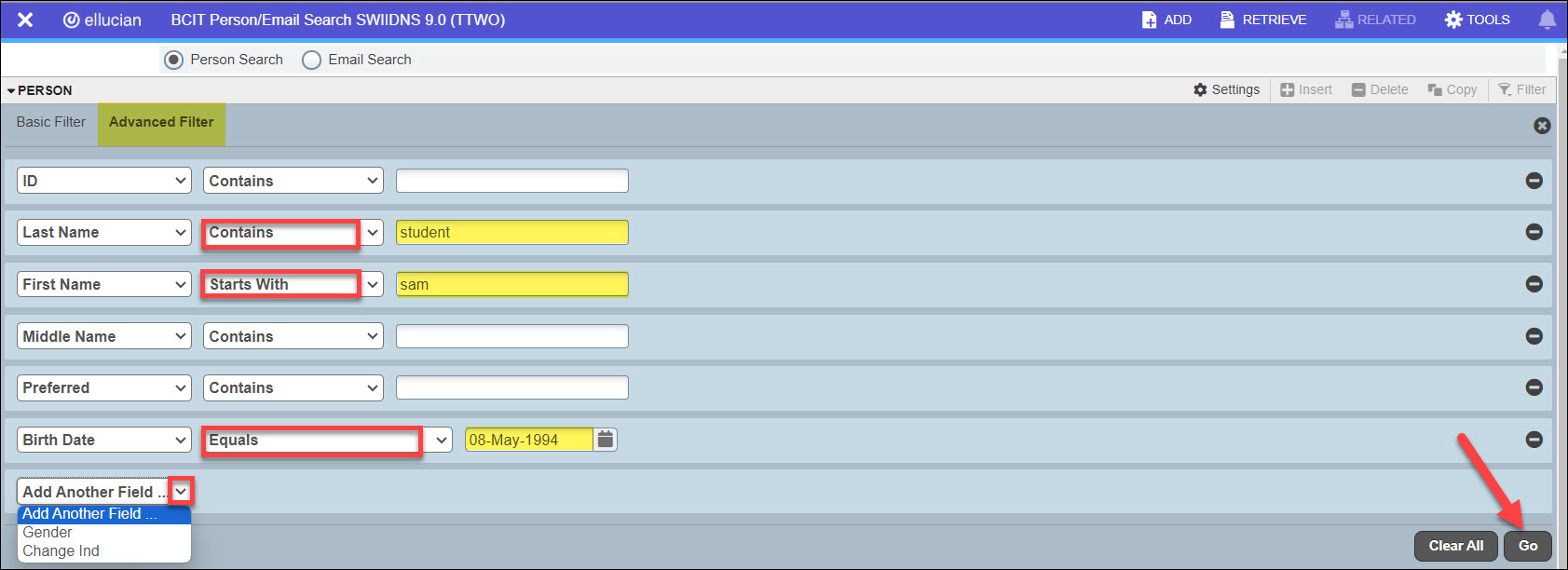 Screenshot Banner SWIIDNS Advanced filter and entering info in filters and press GO