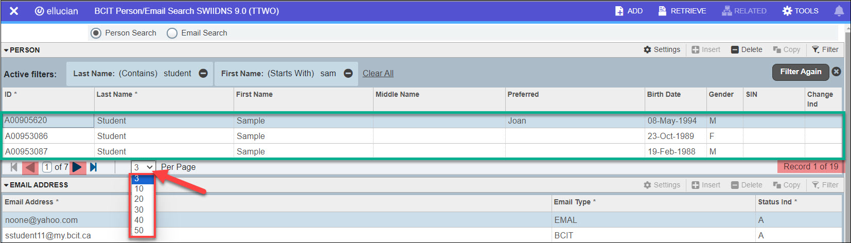 Screenshot Banner SWIIDNS search display of 3 records and changing pagination