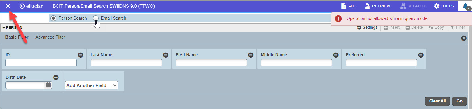 Screenshot Banner SWIIDNS and trying to click Email Search error message