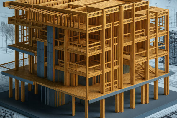 Illustration of a Mass Timber frame in construction.