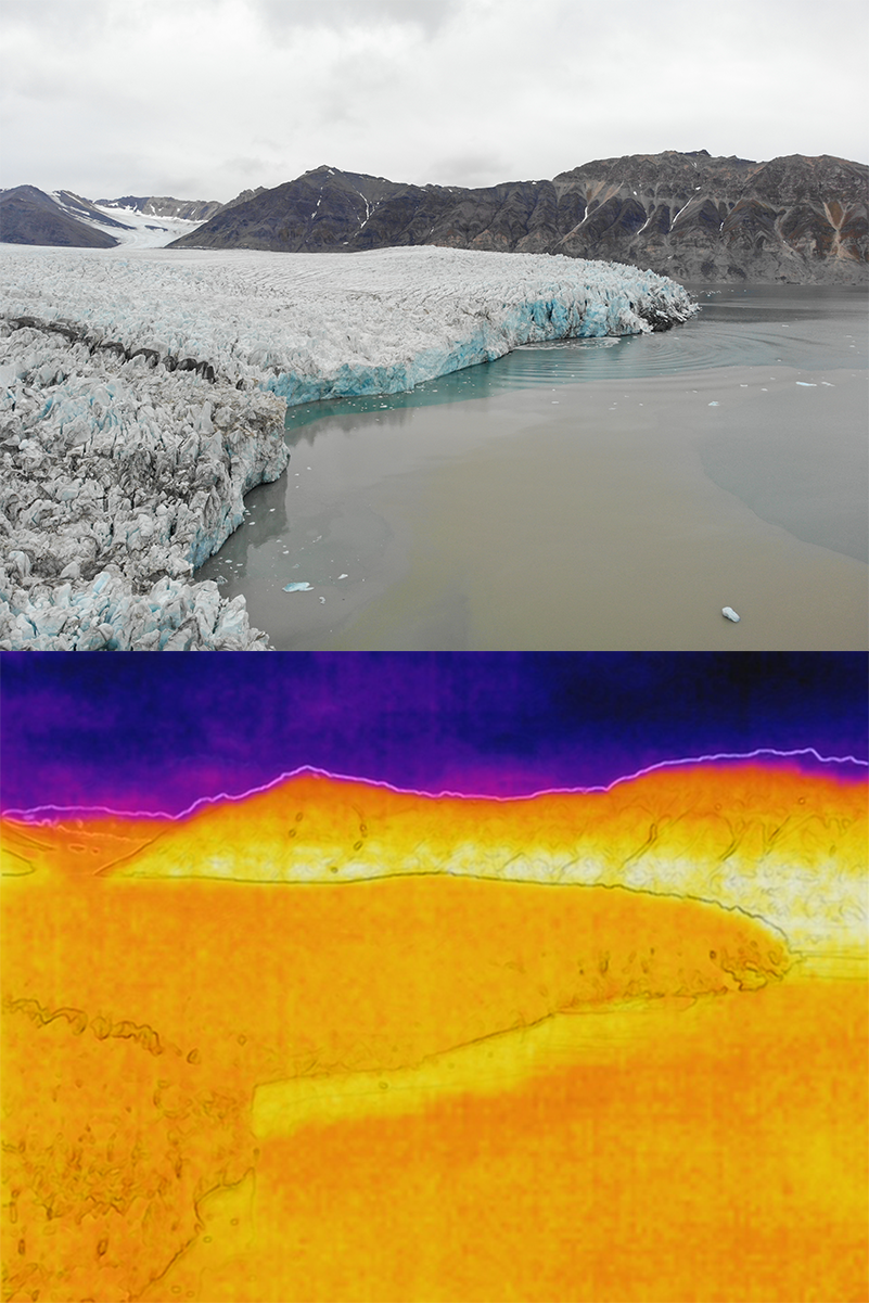 Stacked aerial and thermal images of glacier