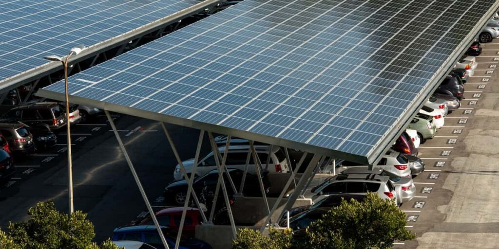 A picture of a large solar panel used as a charging station for electric vehicles at the BCIT Burnaby Campus.