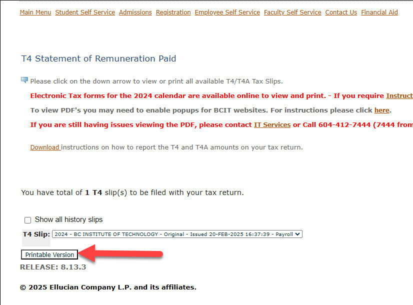 Printing your electronic tax form and clicking Printable Version