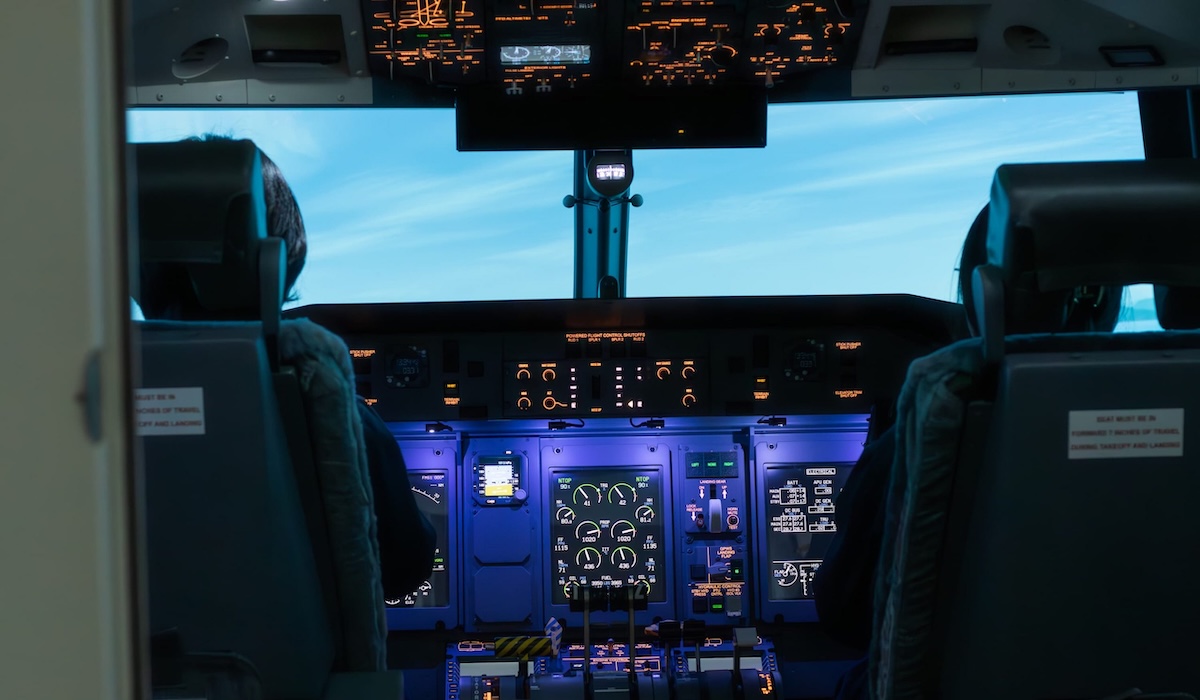 View of inside flight simulator at BCIT Aerospace Technology.