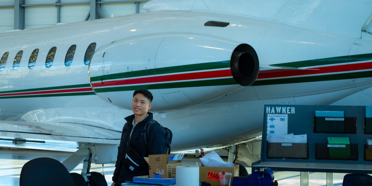 Student in the hangar at the BCIT Aerospace Technology Campus.