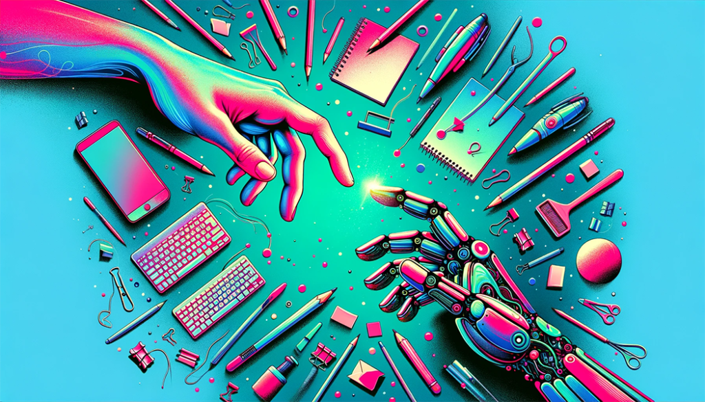 stylized, colourful image includes graphic of a robotic hand reaching toward a human hand with elements of technology and traditional communication tools to show connection between Artificial Intelligence and human-generated writing