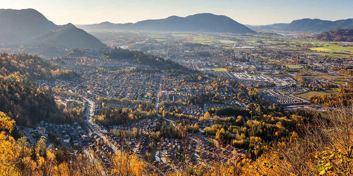 Panoramic view of Chilliwack, BC at sunset