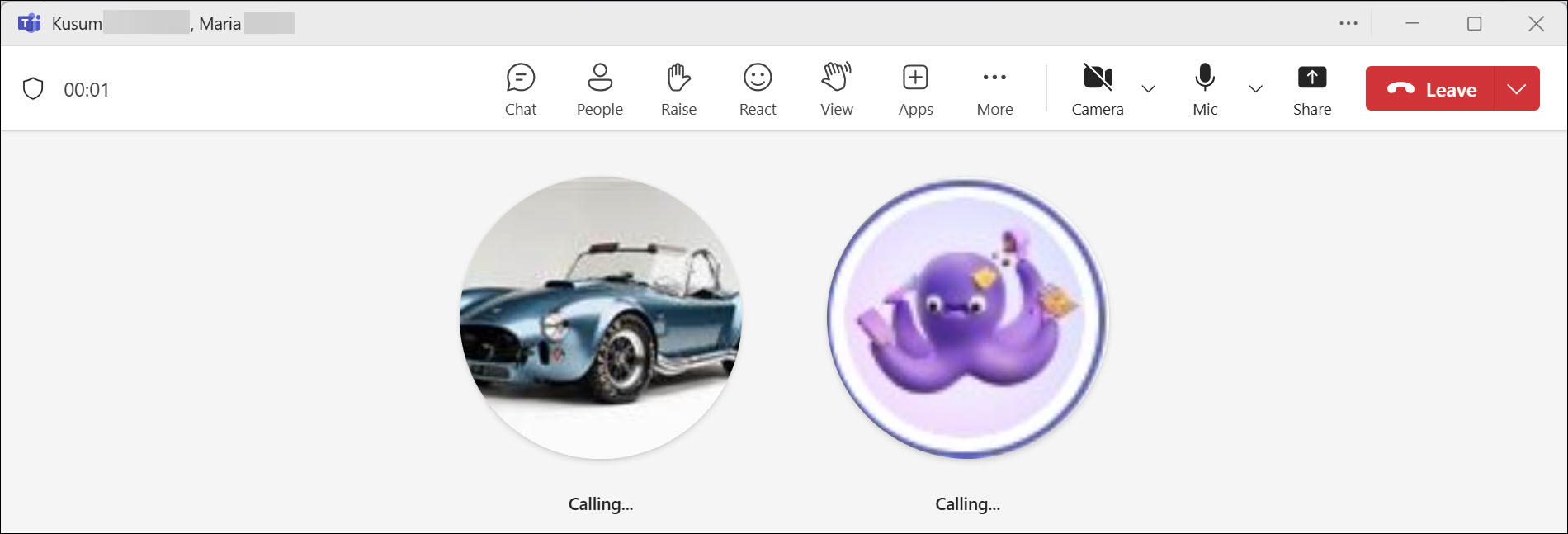 Screenshot Teams calls conferencing two people into a call