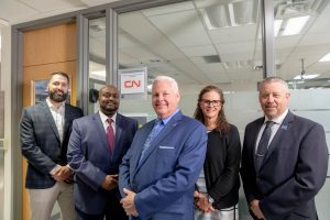 Photo caption: (L-R) Scott Fleming, BCIT alum; Mahir Abdulle, Superintendent, CN; Bruce Thompson, Associate Dean, BCIT Motive Power; Jackie Jacob, Interim Vice President, Advancement, BCIT; Steve Perry, Dean, BCIT School of Transportation.