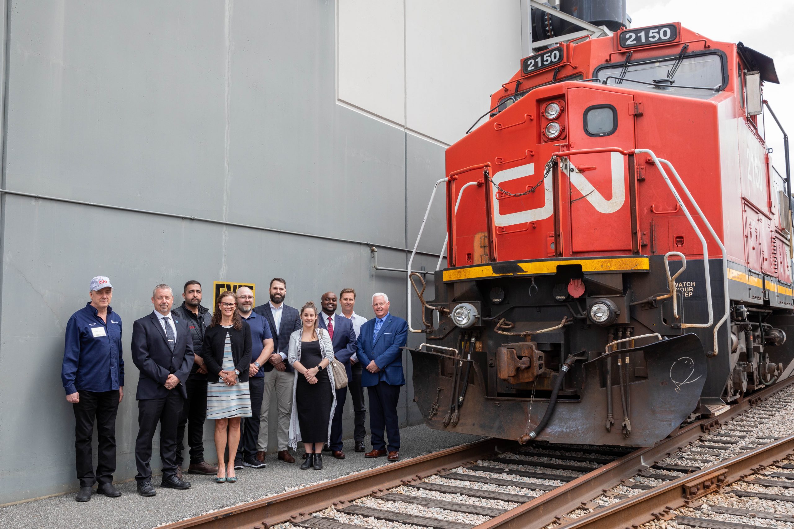 Photo caption: (L-R) Vince Jones, BCIT Railway instructor; Steve Perry, Dean, BCIT School of Transportation, Jackie Jacob, Interim Vice President, Advancement, BCIT; Anthony Upton, Department Head, BCIT Motive Power and Heavy Mechanical Trades; Scott Fleming, BCIT alum; Emily Lebek, CN; Mahir Abdulle, Superintendent, CN; Bruce Thompson, Associate Dean, BCIT Motive Power.