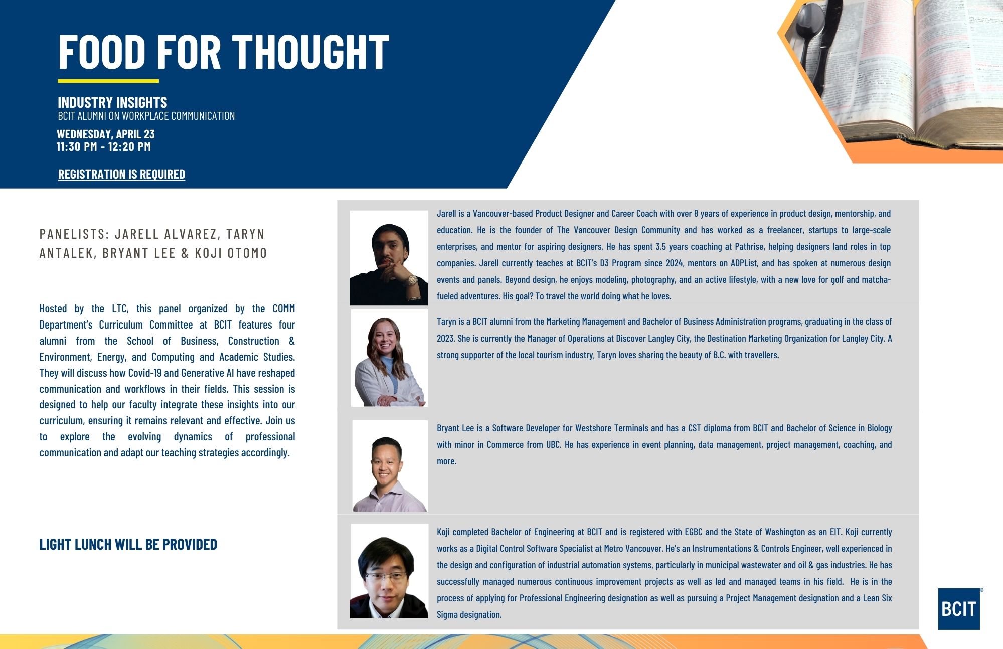Food for thought April 23 from 11:30 AM to 12:30 PM at summit centre