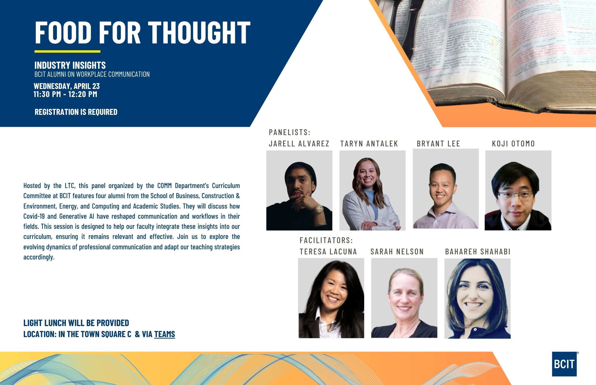 Food for thought April 23 from 11:30 AM to 12:30 PM at summit centre
