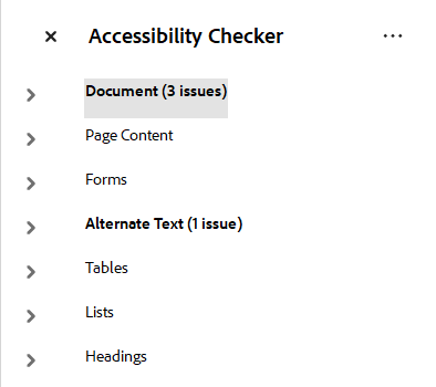 Accessibility checker results showing the Document heading with 3 issues identified and alternate text with 1 issue identified