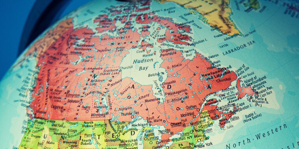 Map of Canada on a globe.