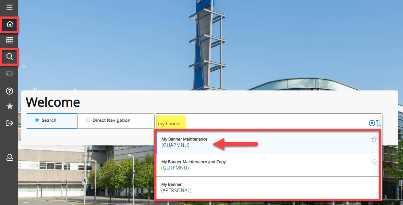 Screenshot of Banner Dashboard and accessing GUAPMNU page