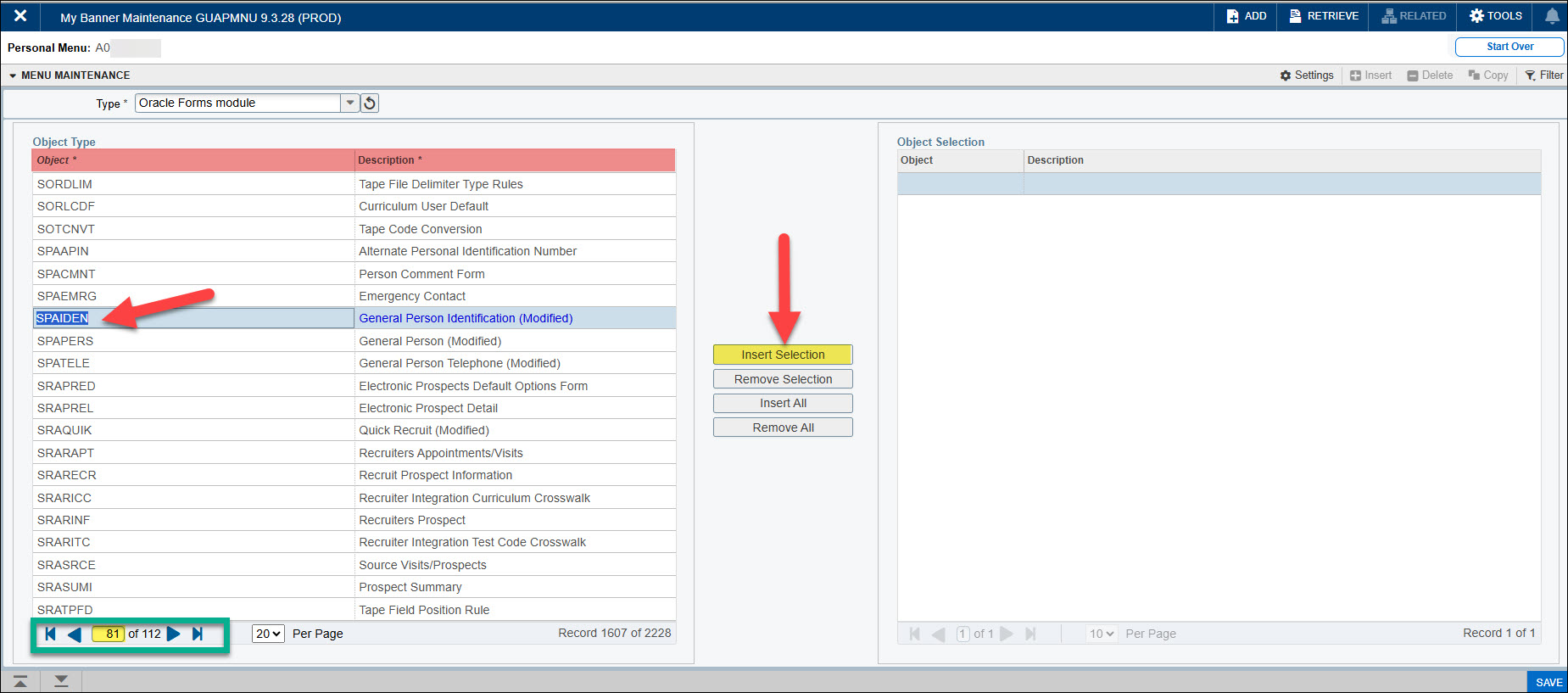 Screenshot of Banner GUAPMNU and using the Object Type to select a page