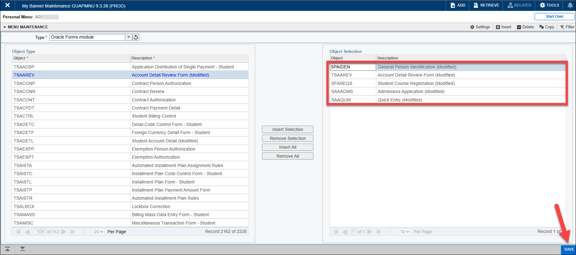 Screenshot Banner GUAPMNU page and saving pages in Object Selection