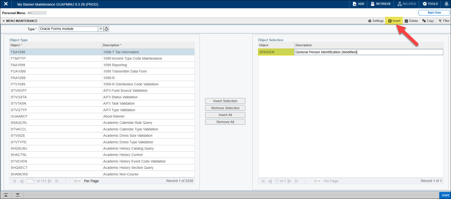 Screenshot Banner GUAPMNU page and using Object Selection to add pages