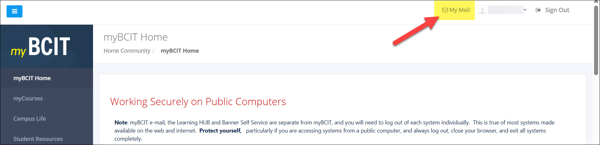 Screenshot myBCIT Home page and clicking on My Mail
